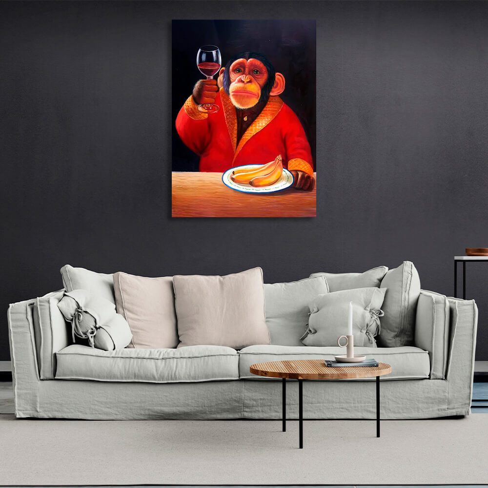 Monkey, bananas and wine Canvas Wall Art Print