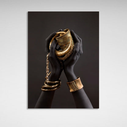 Black hands of a woman with gold jewelry Canvas Wall Art Print