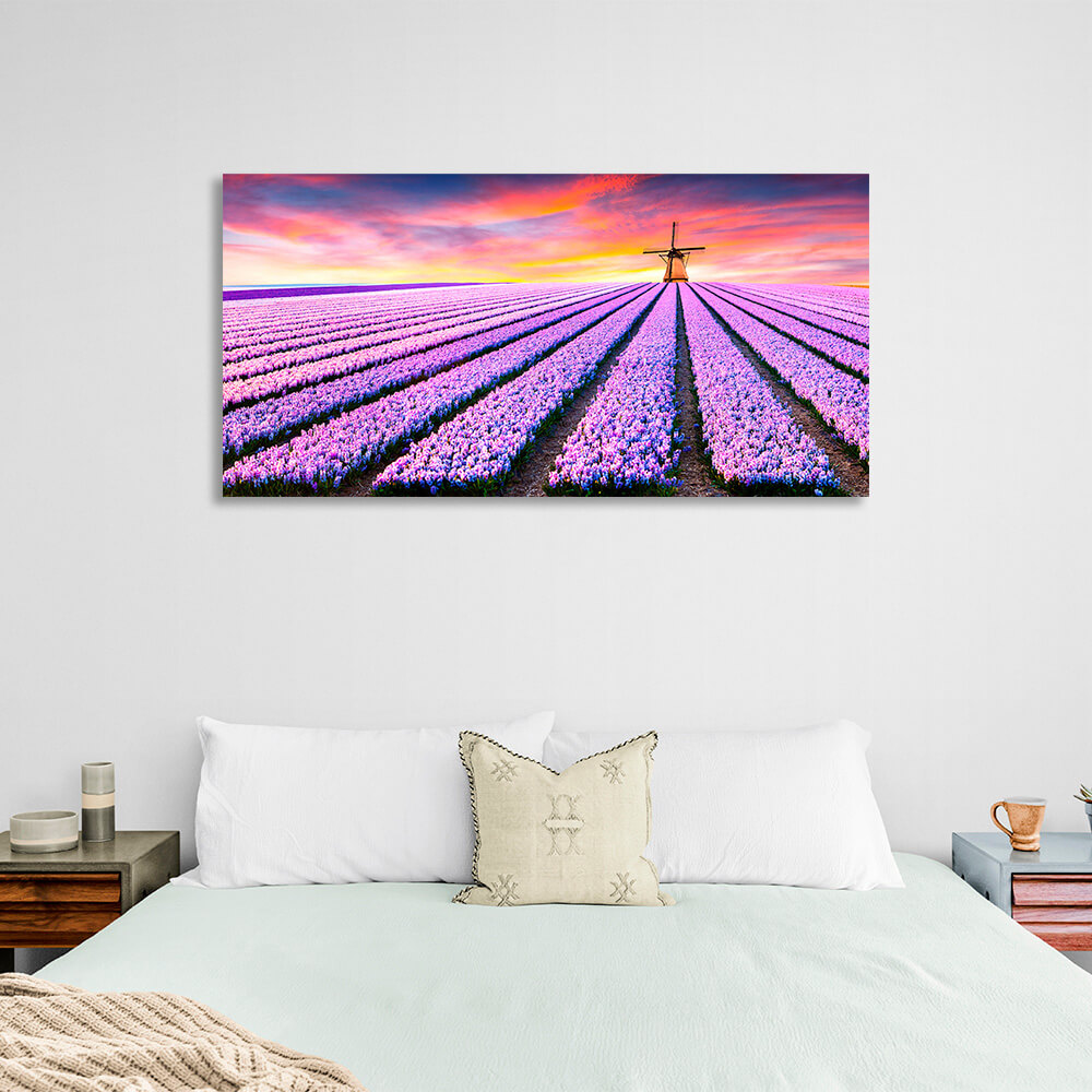 Lavender field against the background of the mill Canvas Wall Art Print