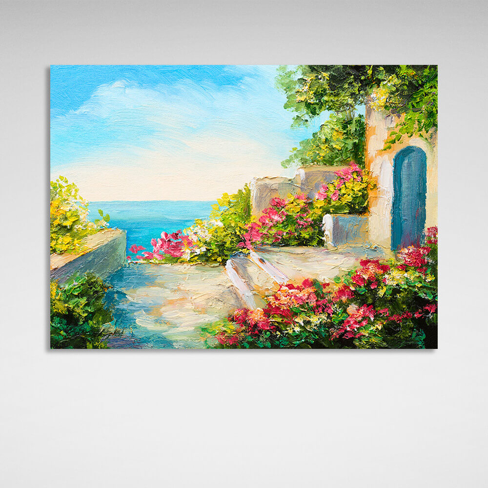 House by the sea imitation drawing Canvas Wall Art Print