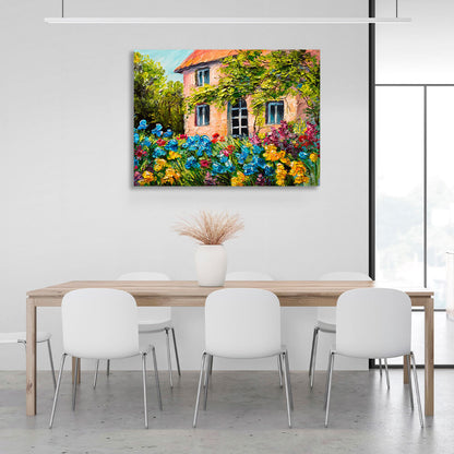 House with flowers and trees Canvas Wall Art Print