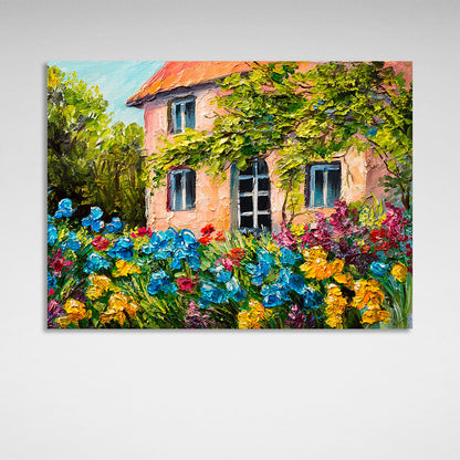 House with flowers and trees Canvas Wall Art Print