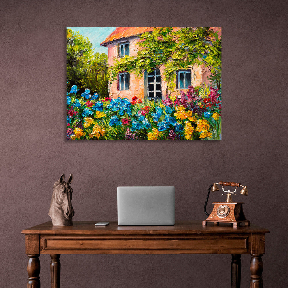 House with flowers and trees Canvas Wall Art Print