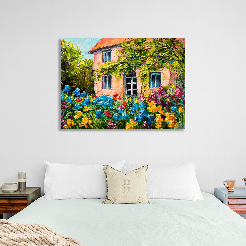 House with flowers and trees Canvas Wall Art Print