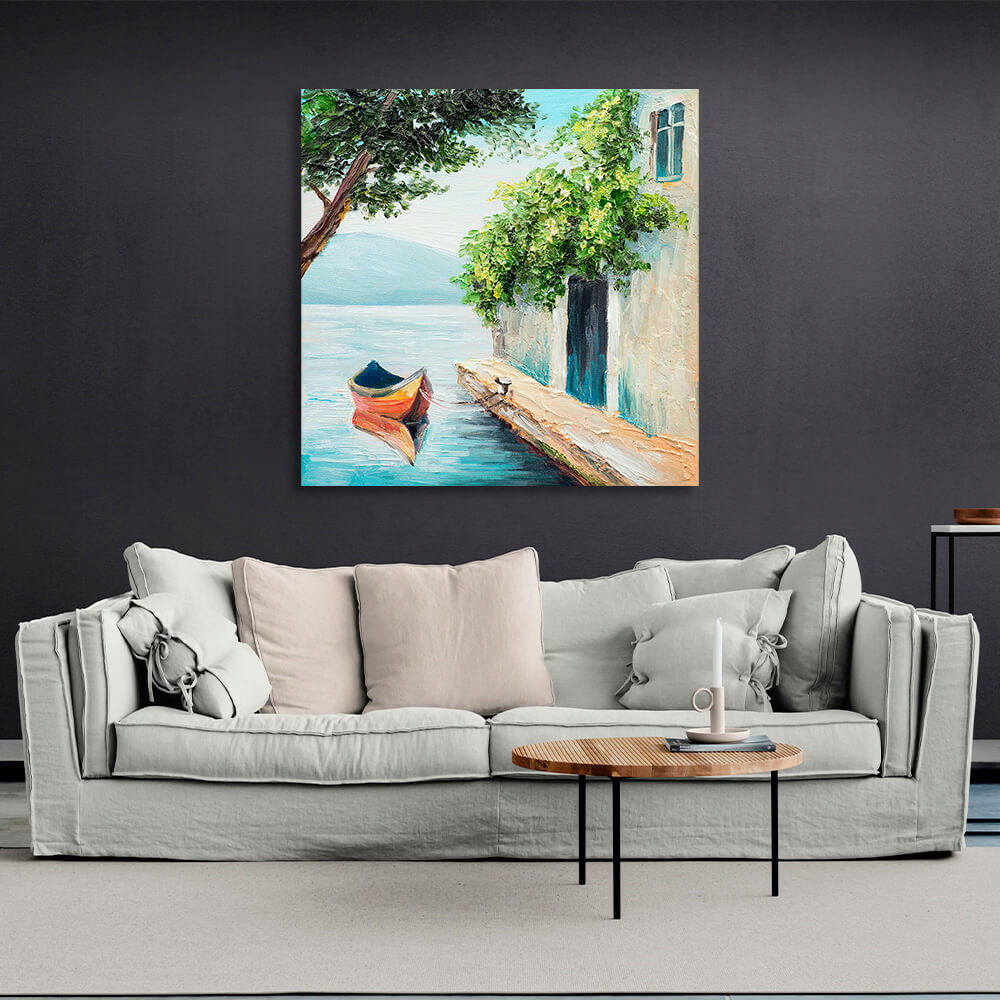 Boat near the house on the water Canvas Wall Art Print