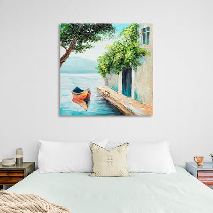 Boat near the house on the water Canvas Wall Art Print