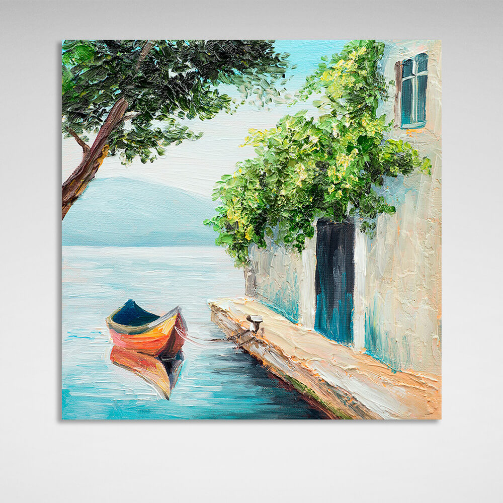 Boat near the house on the water Canvas Wall Art Print