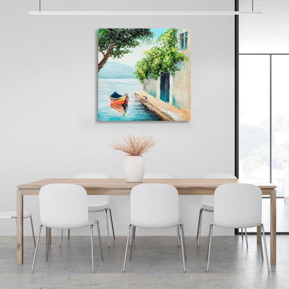 Boat near the house on the water Canvas Wall Art Print