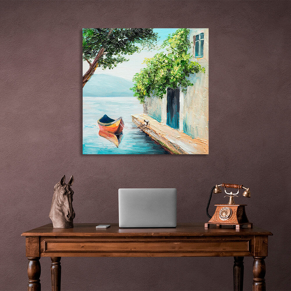 Boat near the house on the water Canvas Wall Art Print