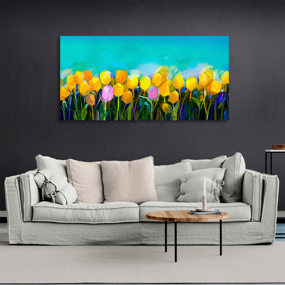 Yellow flowers on a blue background Canvas Wall Art Print