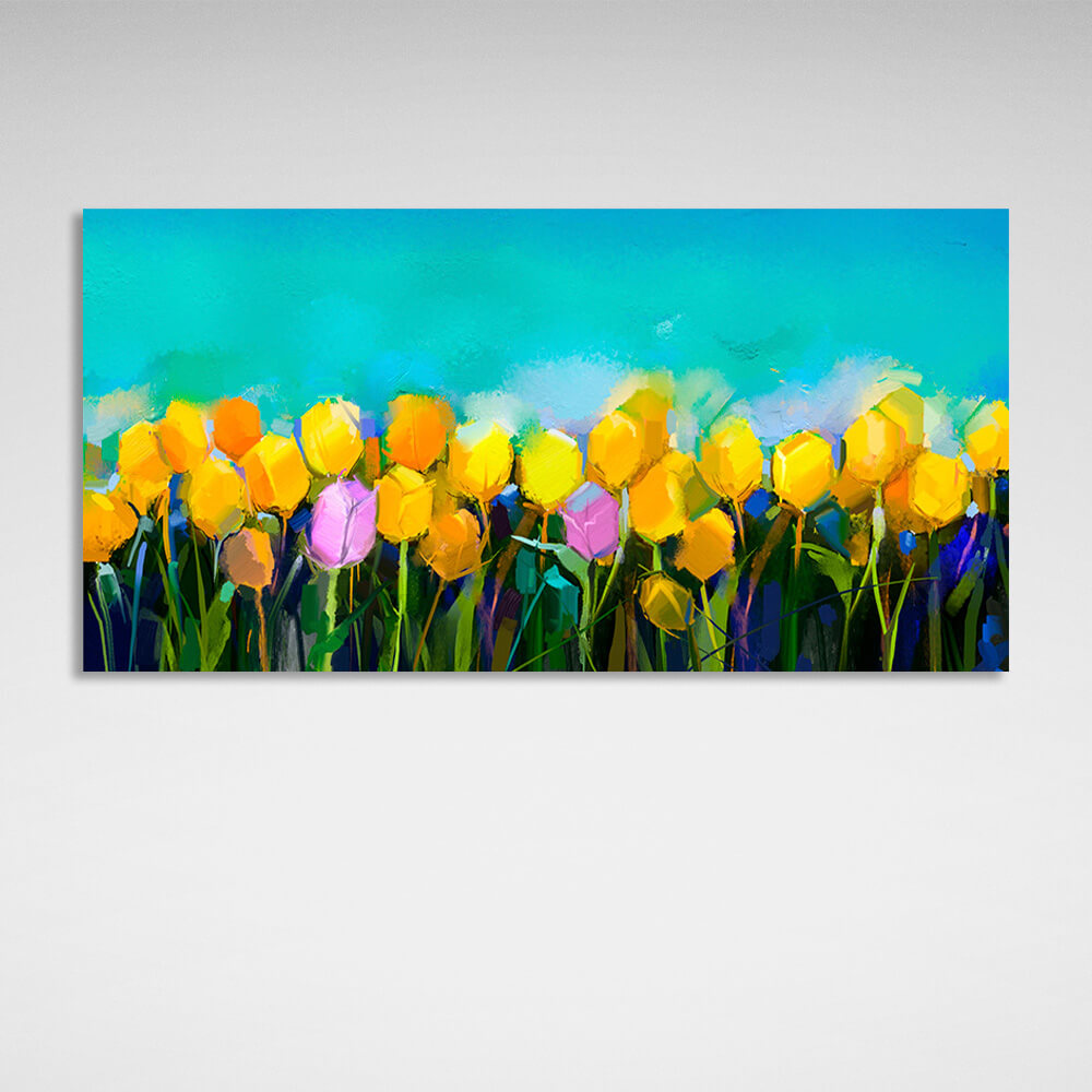 Yellow flowers on a blue background Canvas Wall Art Print