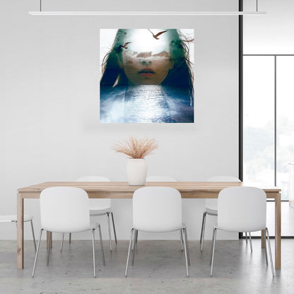 A woman sea and two seagulls Canvas Wall Art Print