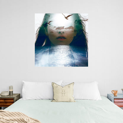 A woman sea and two seagulls Canvas Wall Art Print