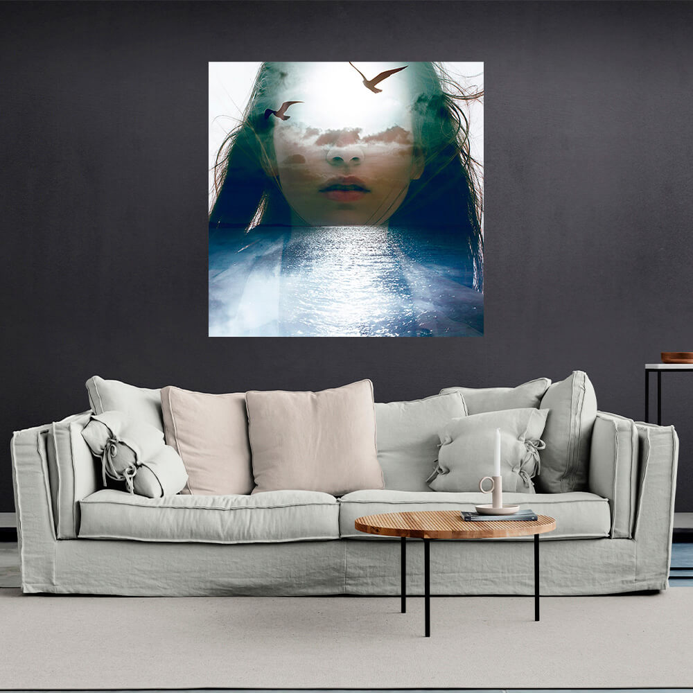 A woman sea and two seagulls Canvas Wall Art Print