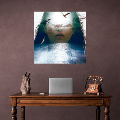 A woman sea and two seagulls Canvas Wall Art Print