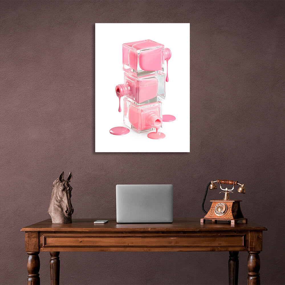 Three cans of pink spilled nail polish Canvas Wall Art Print