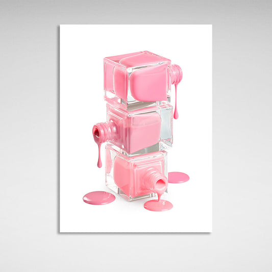 Three cans of pink spilled nail polish Canvas Wall Art Print