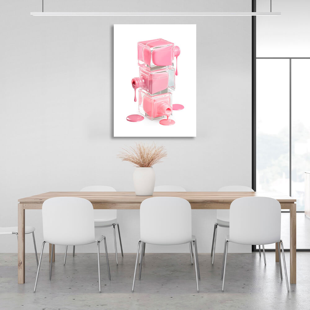 Three cans of pink spilled nail polish Canvas Wall Art Print