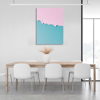 Spattered pink paint on a blue background Canvas Wall Art Print