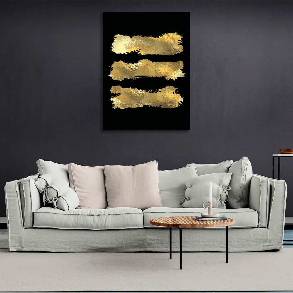 Three gold lines on a black background Canvas Wall Art Print