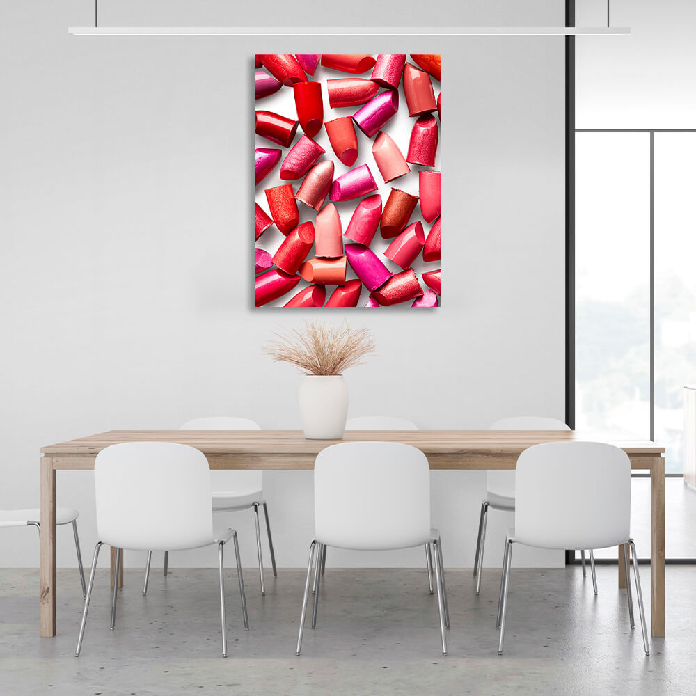 Rods of different lipstick colors on a white background Canvas Wall Art Print