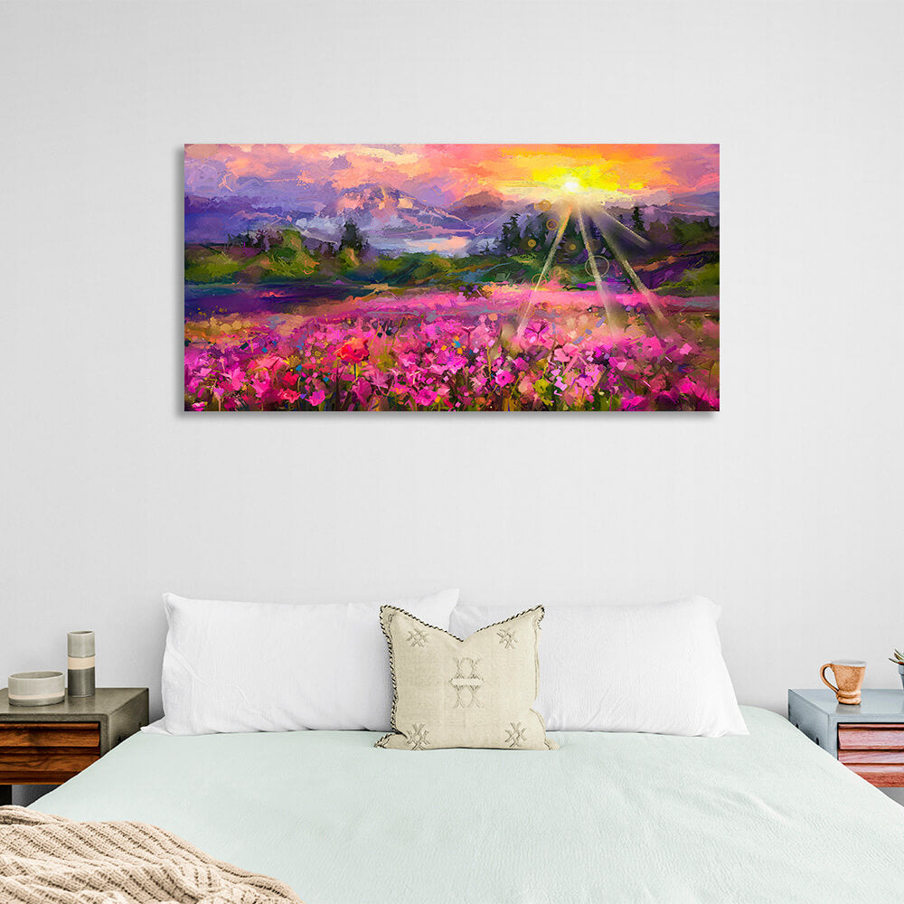 Blossom against a beautiful mountain and sunset backdrop Canvas Wall Art Print