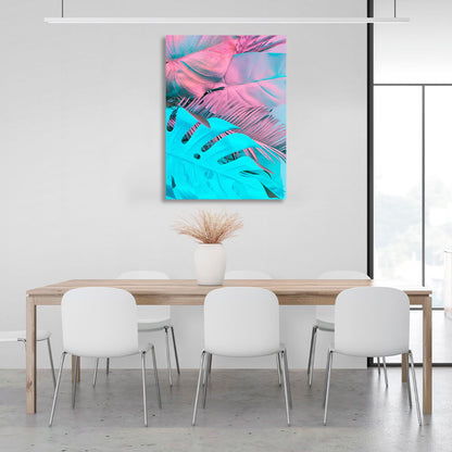 Blue and pink tropical leaves Canvas Wall Art Print