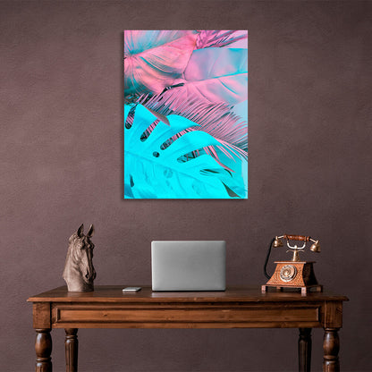 Blue and pink tropical leaves Canvas Wall Art Print