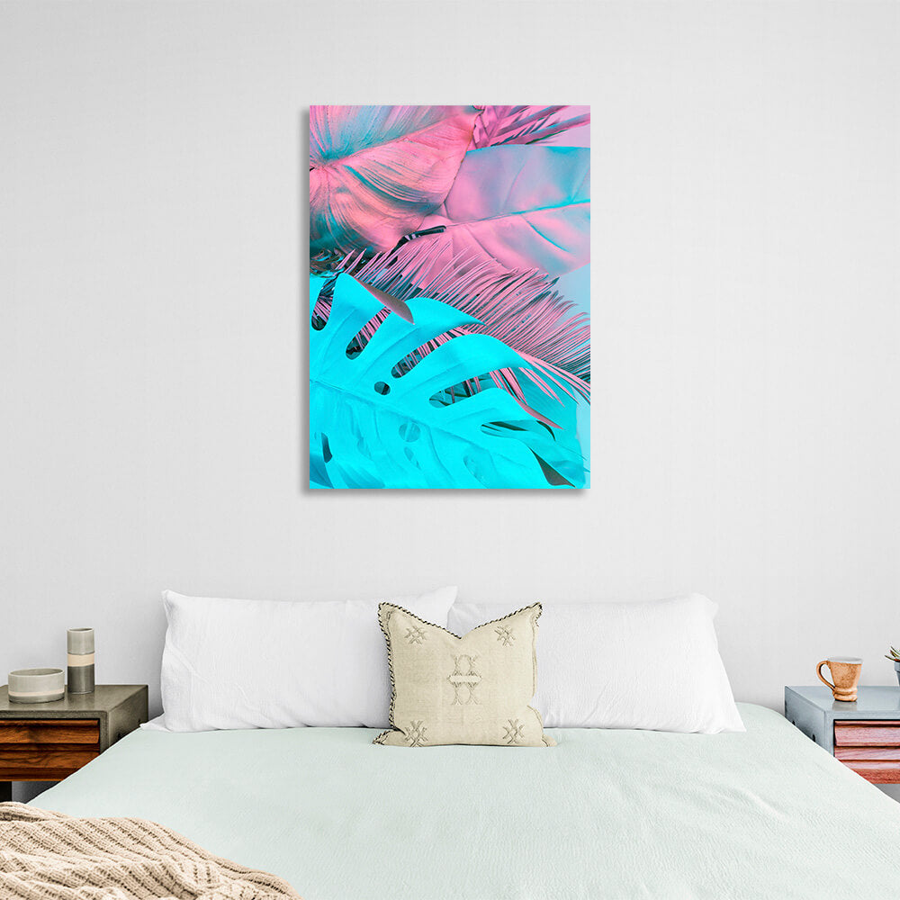 Blue and pink tropical leaves Canvas Wall Art Print