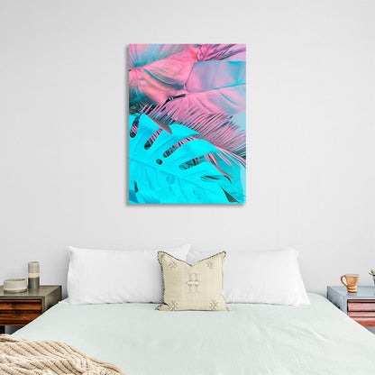 Blue and pink tropical leaves Canvas Wall Art Print