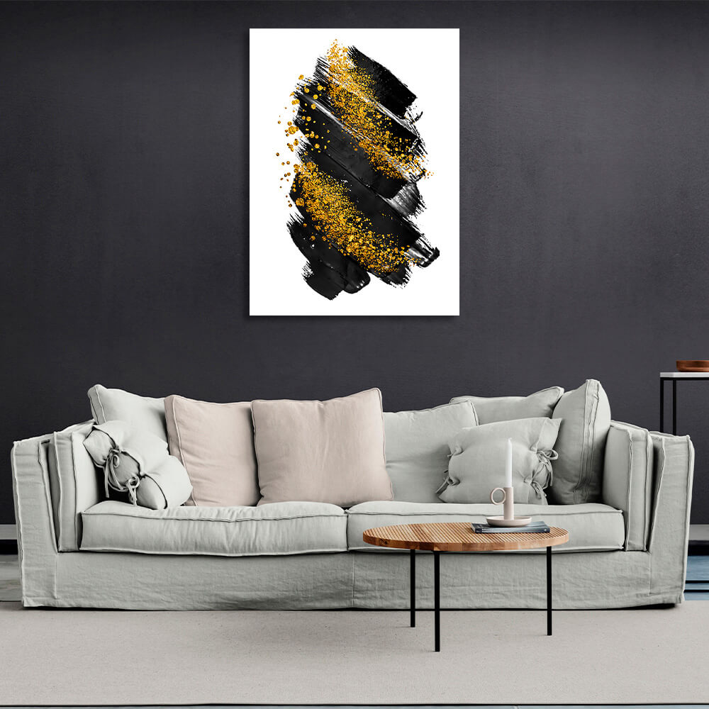 Black and gold strokes on a white background Abstraction Canvas Wall Art Print