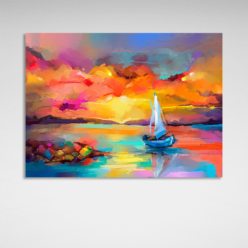 Boat next to a small island imitation pattern in rainbow colors Canvas Wall Art Print