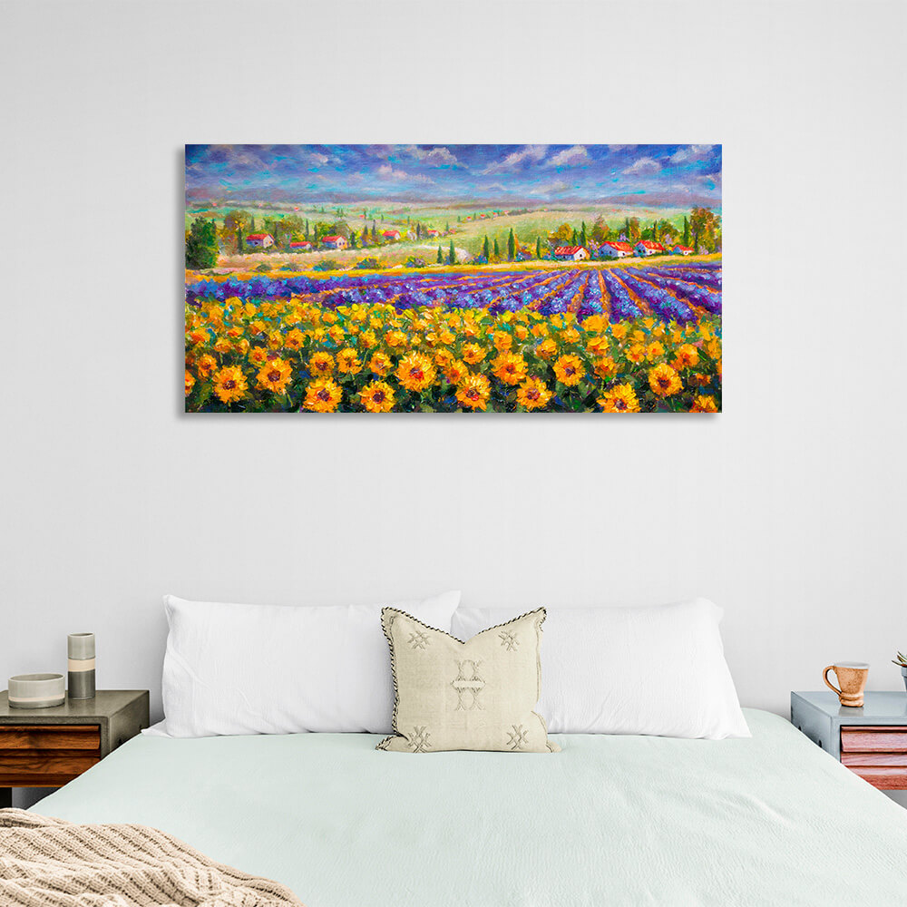 Landscape of flowers and houses Canvas Wall Art Print