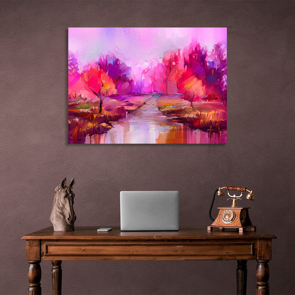 Abstraction river with trees imitation painting Canvas Wall Art Print