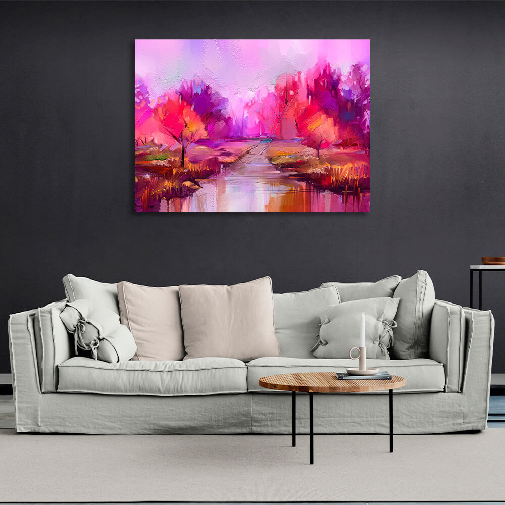 Abstraction river with trees imitation painting Canvas Wall Art Print