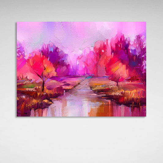 Abstraction river with trees imitation painting Canvas Wall Art Print