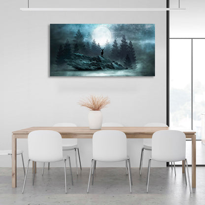 A deer on a cliff against a forest backdrop under the moonlight Canvas Wall Art Print