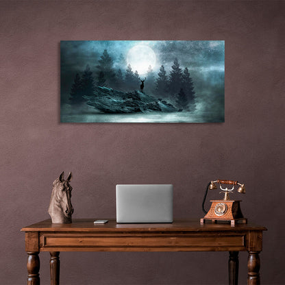 A deer on a cliff against a forest backdrop under the moonlight Canvas Wall Art Print