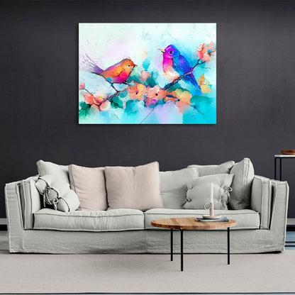 Two birds on a branch imitation oil painting Canvas Wall Art Print