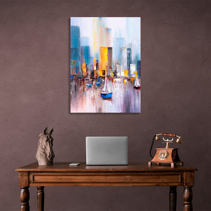 Boats at sea against the backdrop of the big city Canvas Wall Art Print