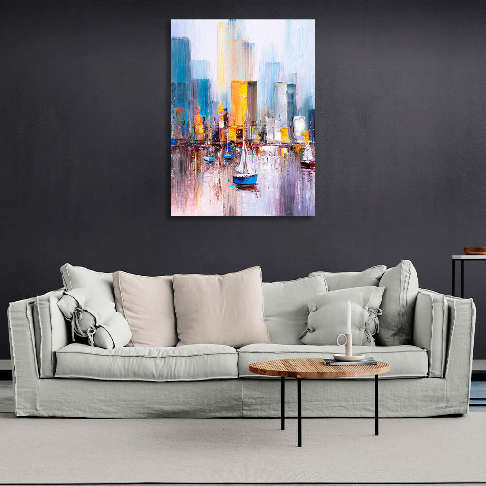 Boats at sea against the backdrop of the big city Canvas Wall Art Print