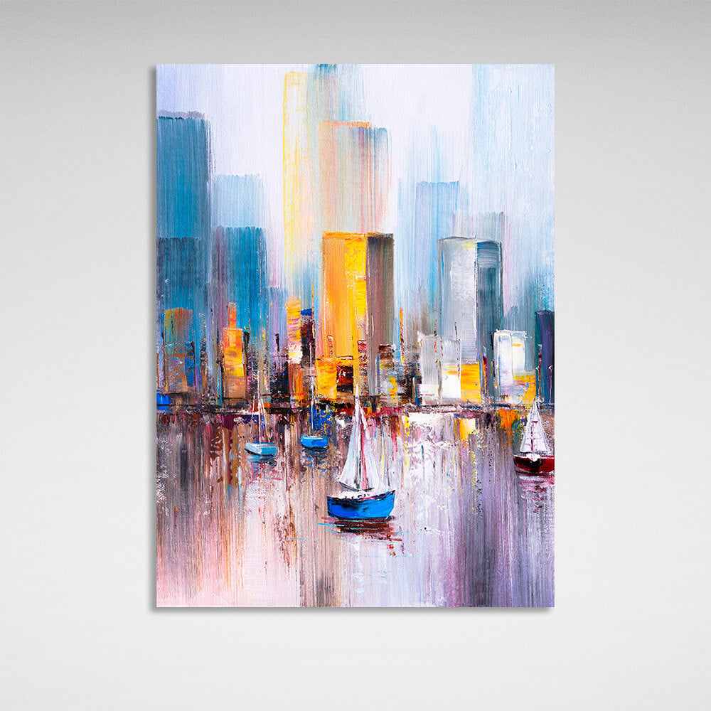 Boats at sea against the backdrop of the big city Canvas Wall Art Print