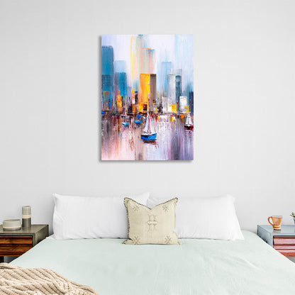 Boats at sea against the backdrop of the big city Canvas Wall Art Print