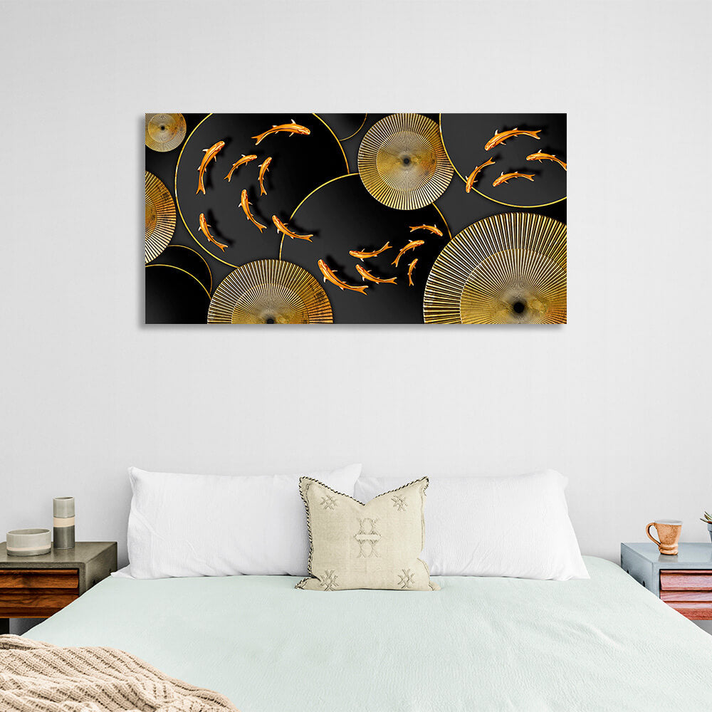 Abstraction goldfish on black and gold circlesAbstraction Canvas Wall Art Print