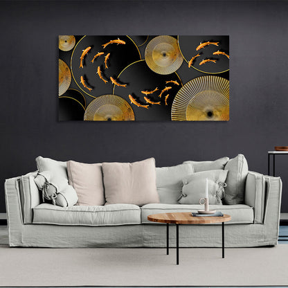 Abstraction goldfish on black and gold circlesAbstraction Canvas Wall Art Print