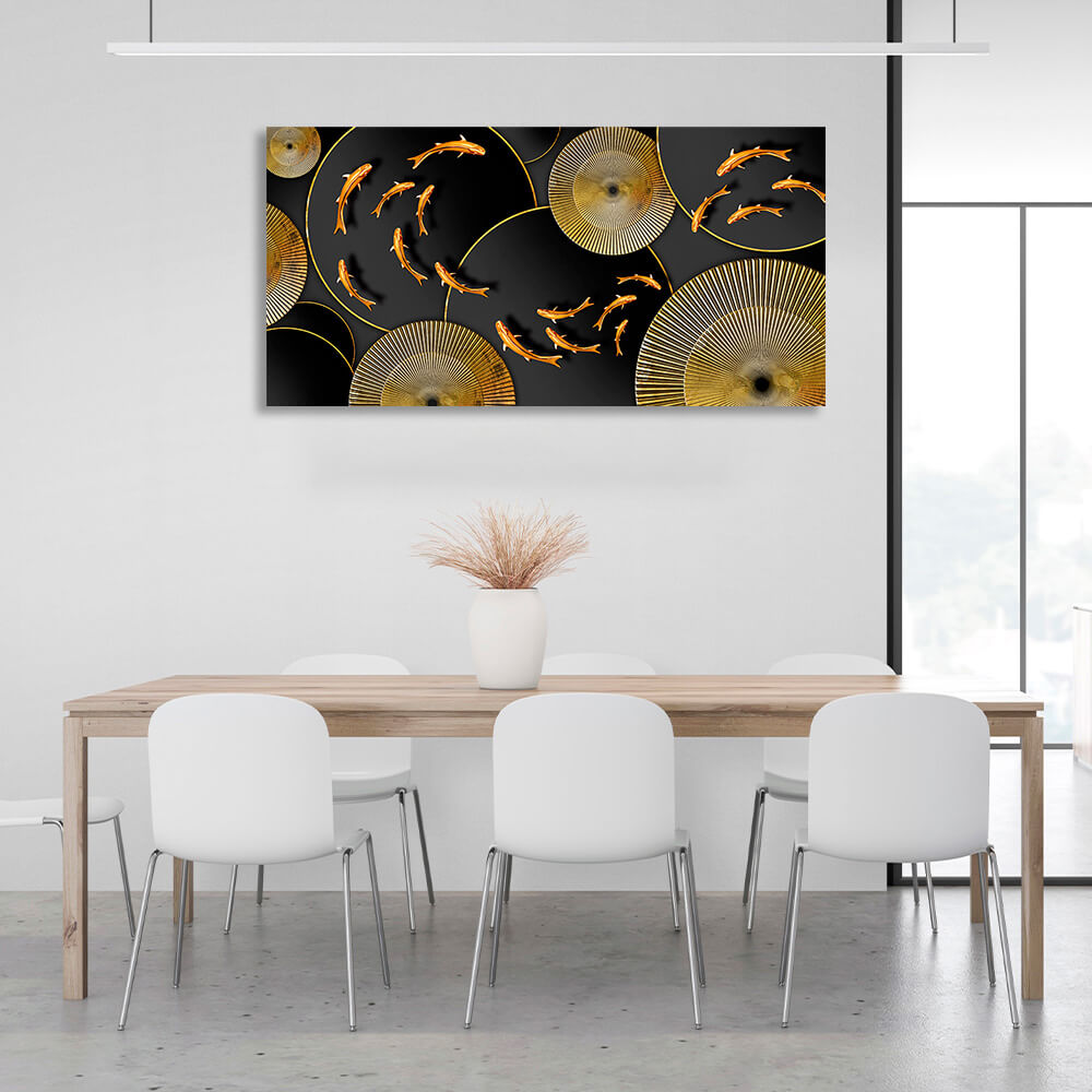 Abstraction goldfish on black and gold circlesAbstraction Canvas Wall Art Print