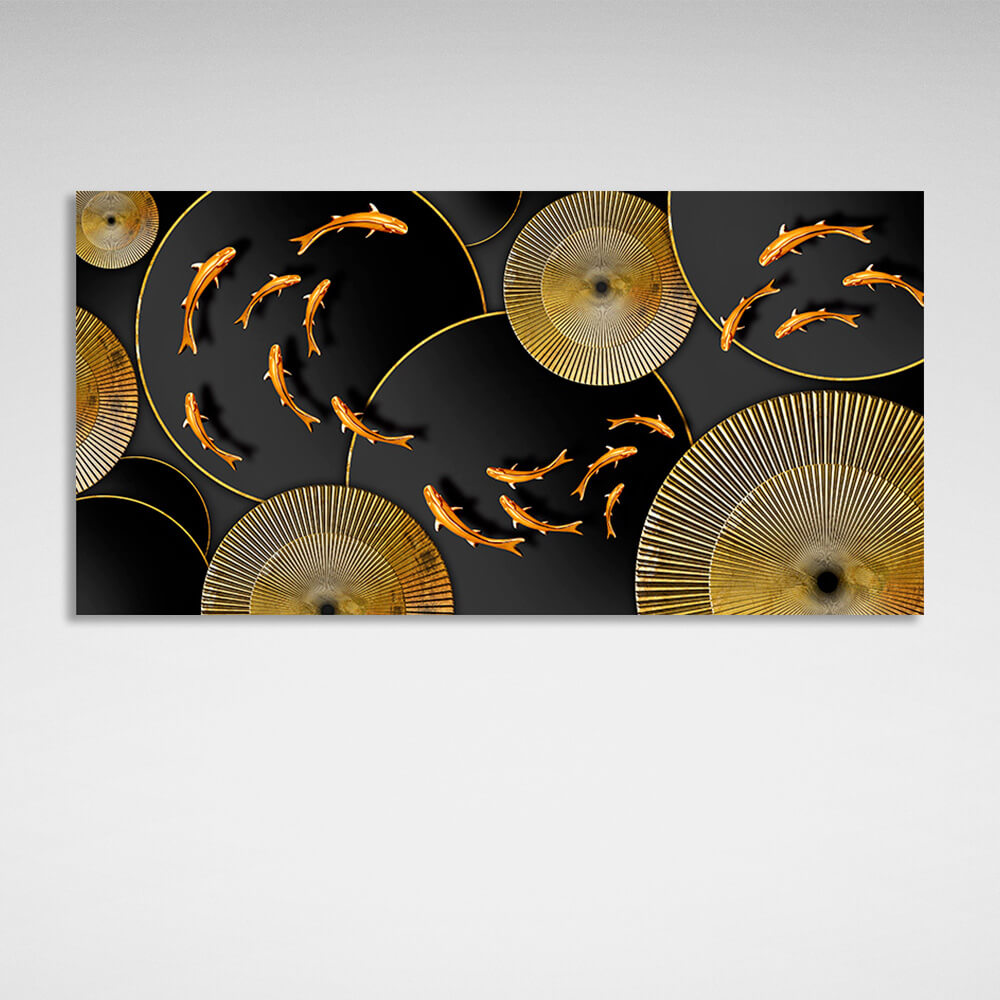 Abstraction goldfish on black and gold circlesAbstraction Canvas Wall Art Print