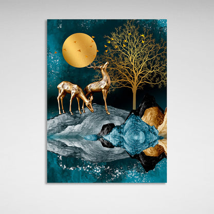 Deer near the tree under the moon is made in gold and blue colors Canvas Wall Art Print