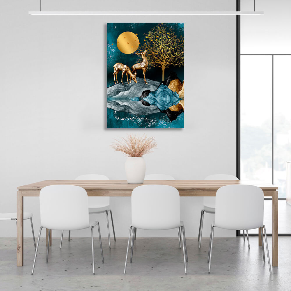 Deer near the tree under the moon is made in gold and blue colors Canvas Wall Art Print