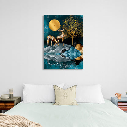 Deer near the tree under the moon is made in gold and blue colors Canvas Wall Art Print